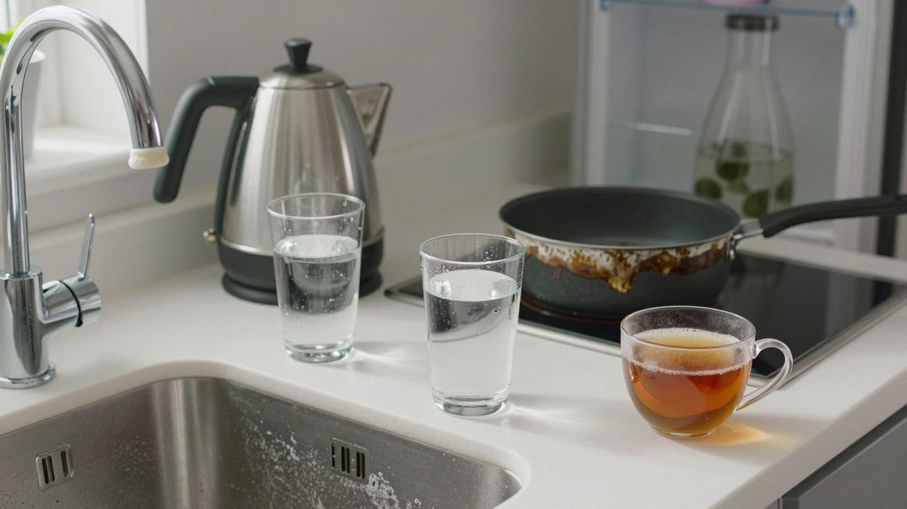 Bancada de cozinha com chaleira elétrica, dois copos de água, frigideira e xícara de chá ao lado de uma pia de inox.