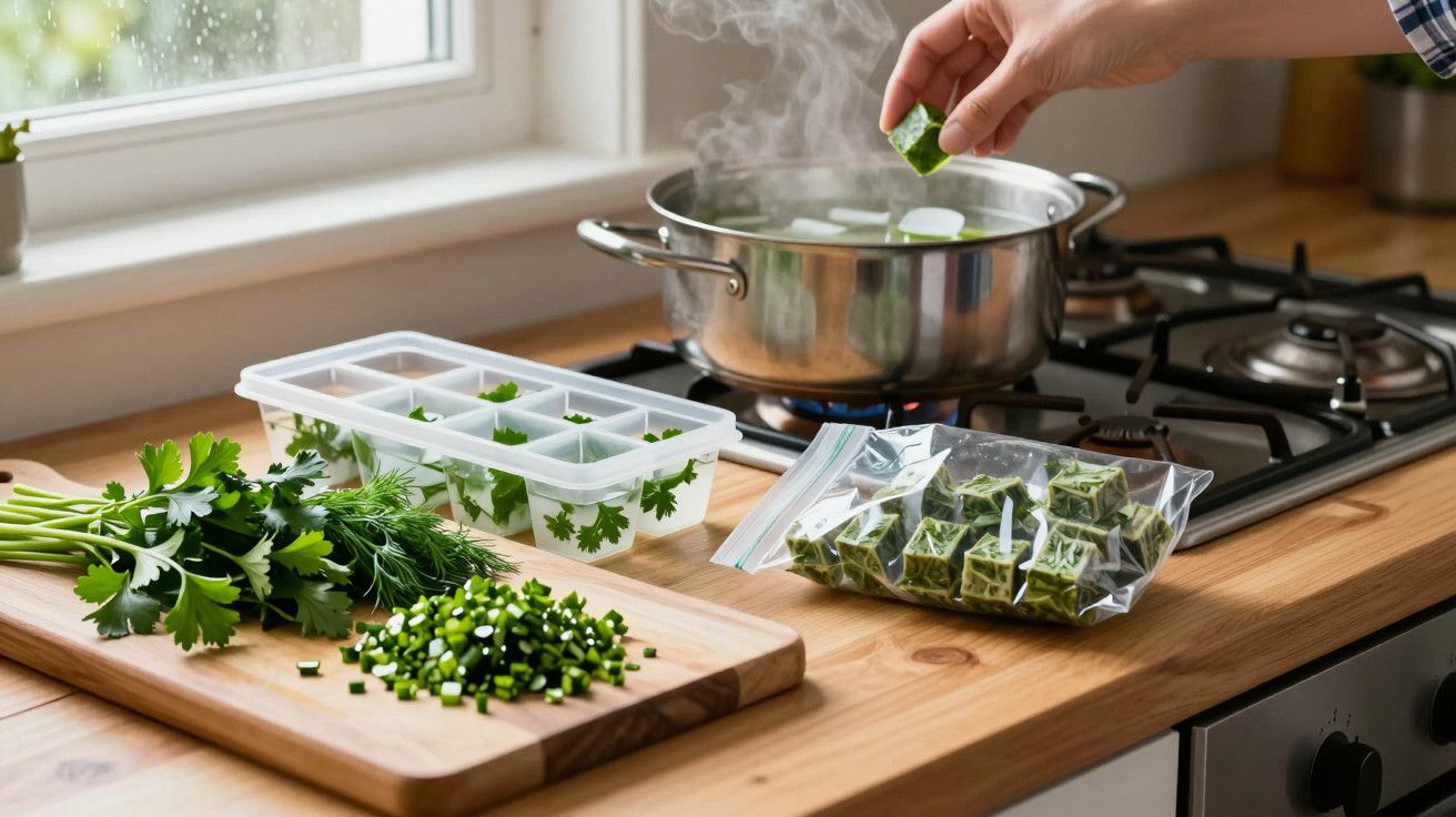 Pessoa adicionando cubo de ervas congeladas em panela de inox no fogão, com ervas e cubos organizados ao lado.