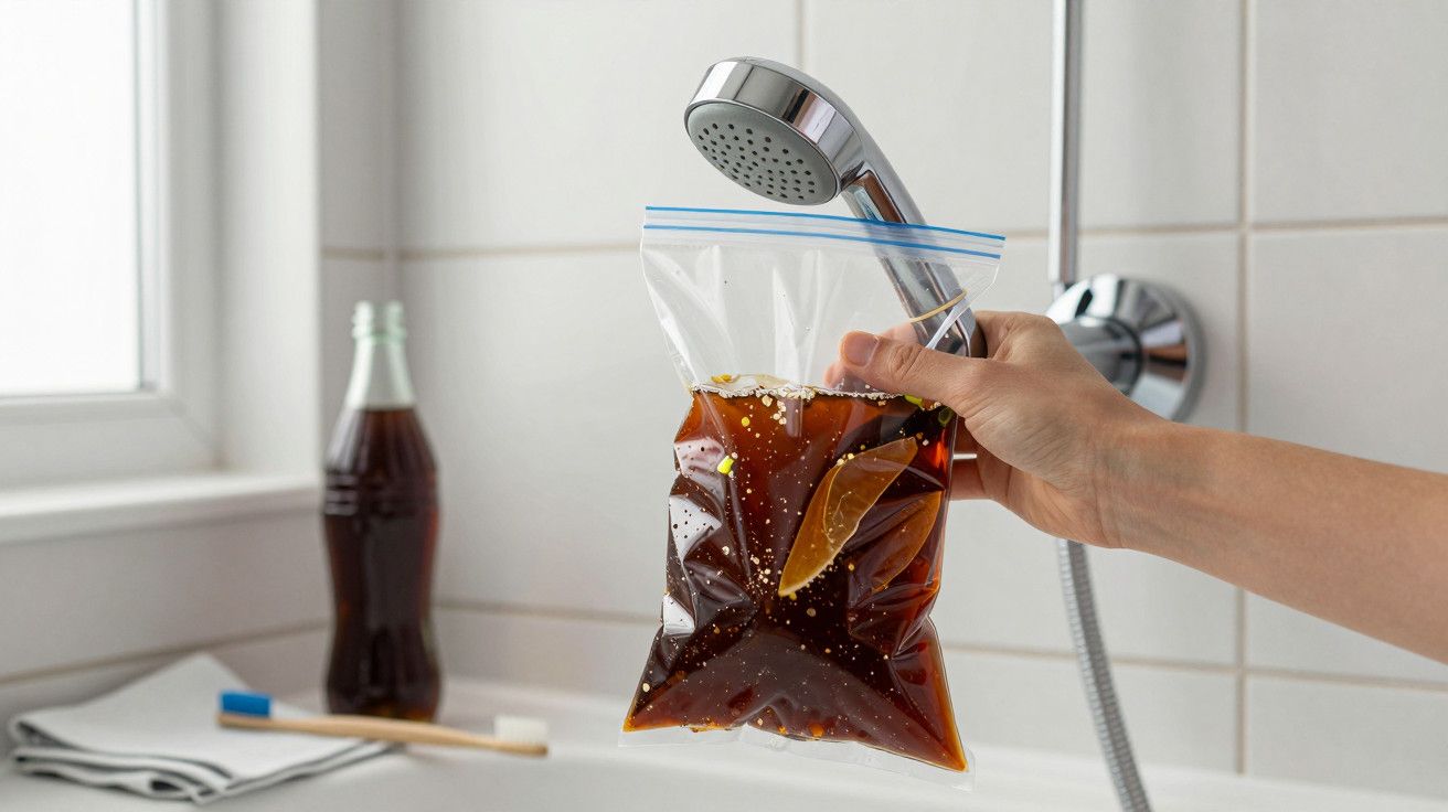 Pessoa segurando saco plástico com líquido marrom sob chuveiro, com garrafa e escova de dentes ao fundo.