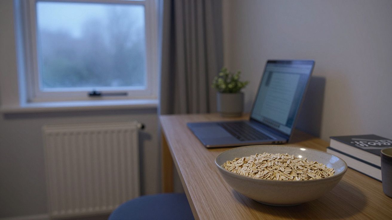 Mesa de madeira com tigela de aveia, laptop aberto, livro e xícara, ao lado de janela embaçada e pequeno vaso de planta.