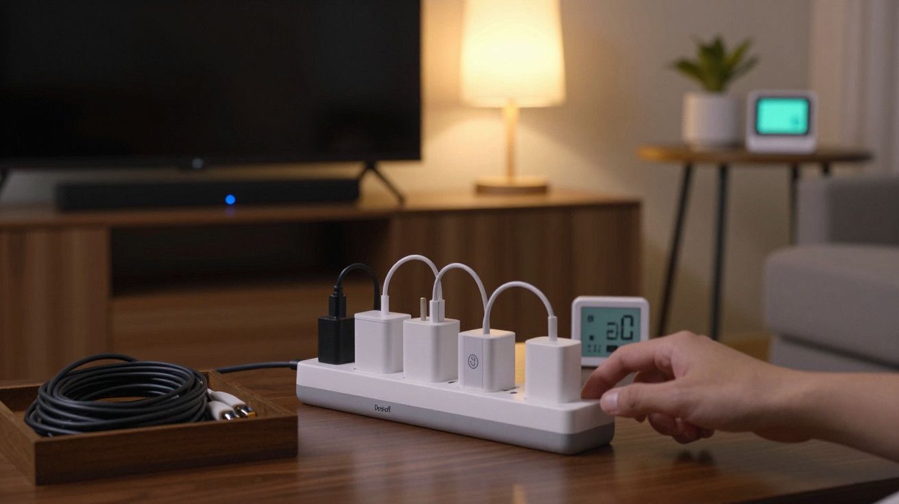 Mão ajusta temporizador em régua de tomadas com carregadores, em sala de estar com TV e lâmpada acesa ao fundo.