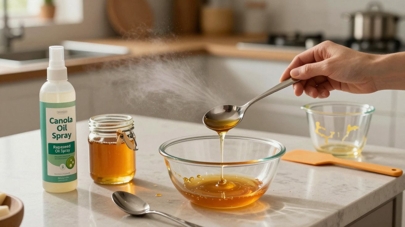 Pessoa derramando mel em uma tigela de vidro, com spray de óleo de canola e pote de mel ao fundo.