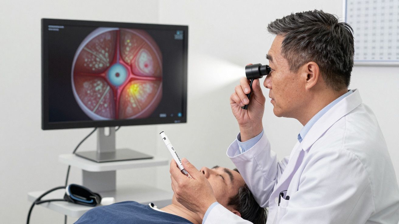 Médico examina olho de paciente deitado com oftalmoscópio, monitor exibe imagem ampliada do olho.