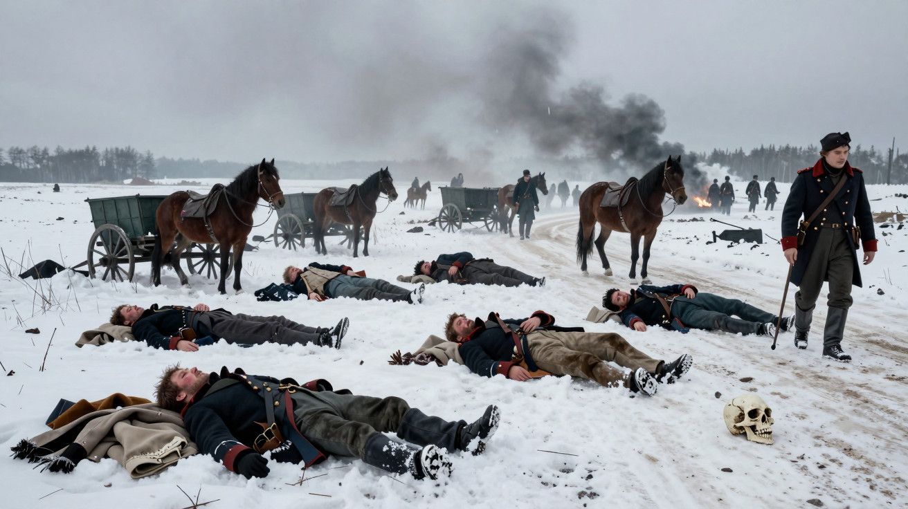 Soldados caídos na neve, cavalos e carroças ao fundo, fumaça no horizonte, céu cinzento de inverno.