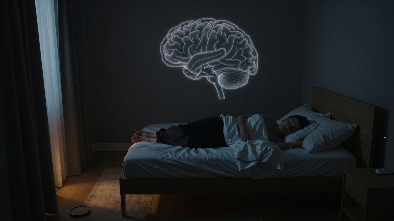 Pessoa dormindo em cama, com uma ilustração de cérebro projetada na parede acima. Quarto escuro e cortinas fechadas.