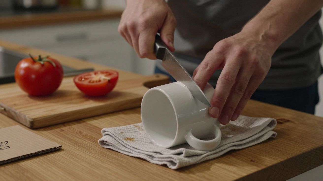 Pessoa cortando uma caneca branca sobre uma bancada de madeira com tomate ao fundo.