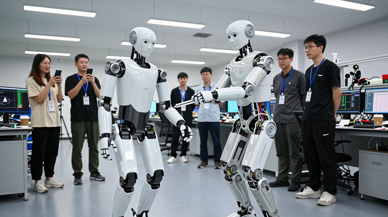 Dois robôs humanoides interagem em um laboratório, observados por seis pessoas com crachás.