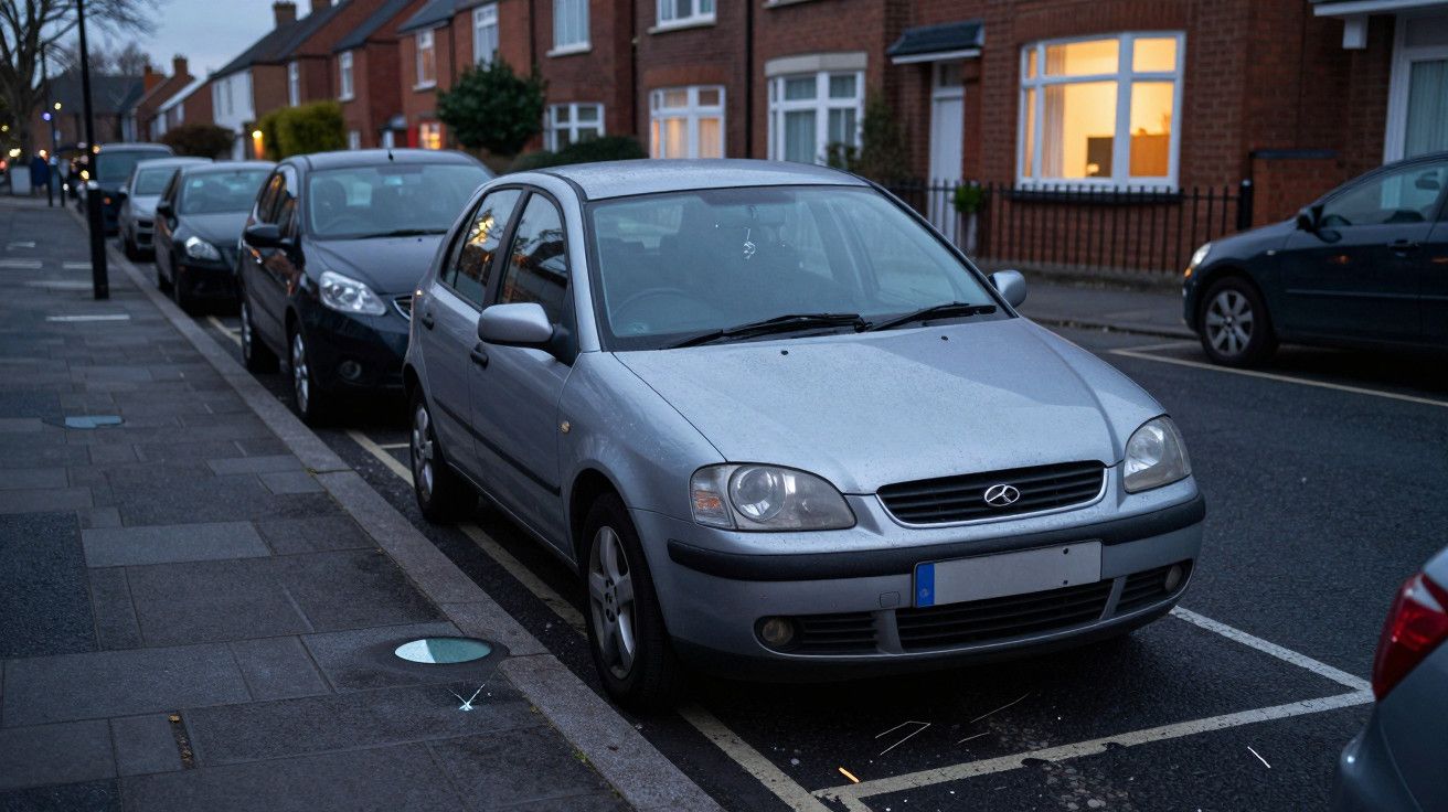 Carro prateado estacionado em rua residencial com casas de tijolos ao fundo e outros veículos alinhados.