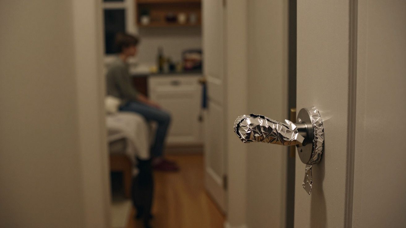 Maçaneta coberta de papel alumínio, com pessoa desfocada sentada ao fundo em um quarto iluminado.