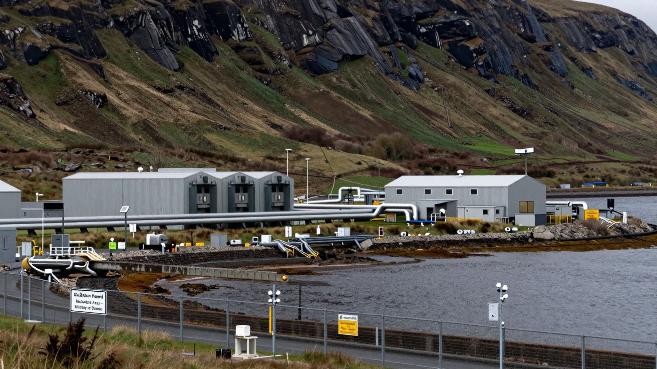 Instalação industrial costeira com prédios cinzas e tubulações, situada em frente a um lago, com colinas ao fundo.