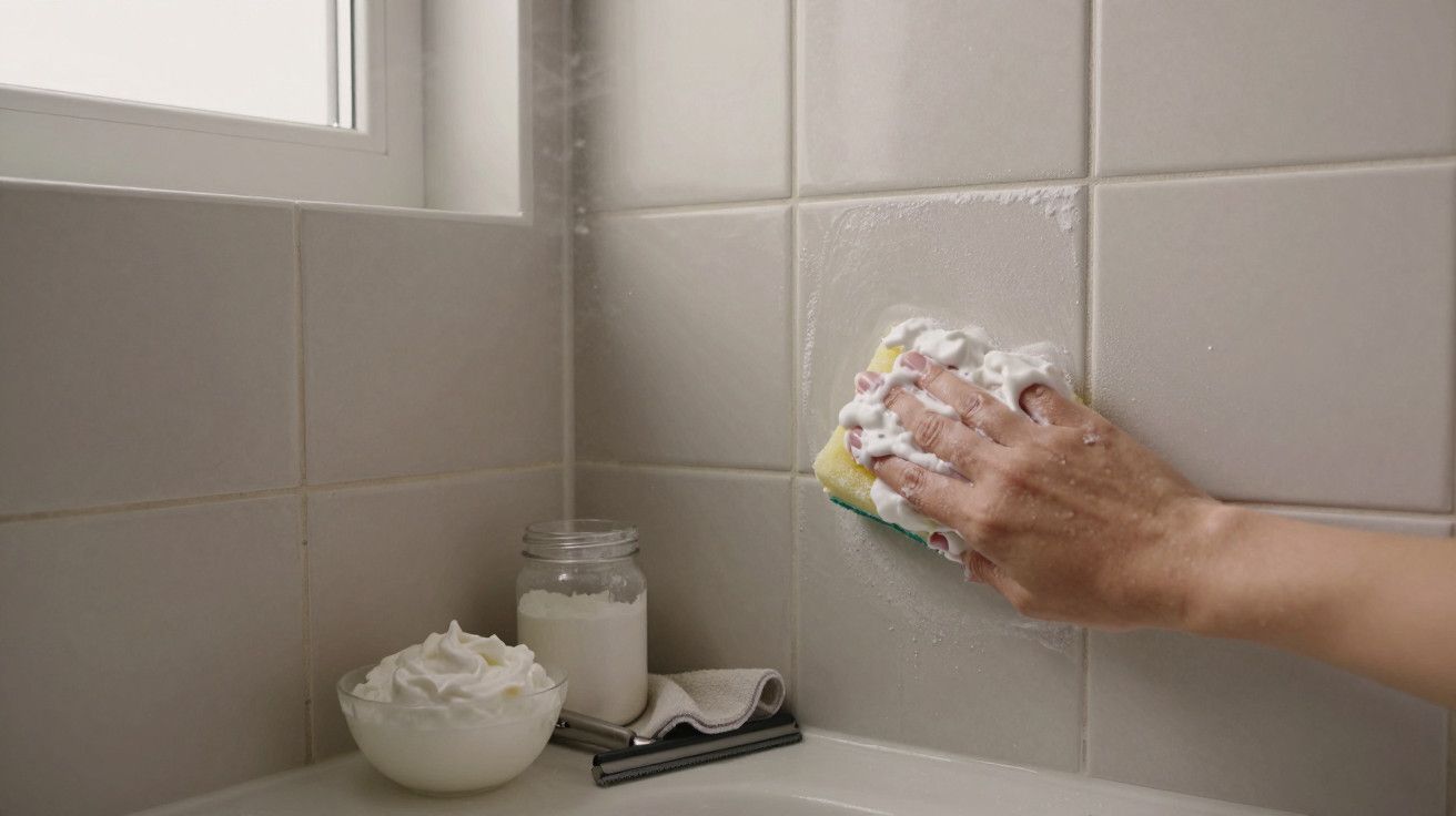 Mão limpando parede de azulejo com esponja e espuma, ao lado de janela e tigela com creme.