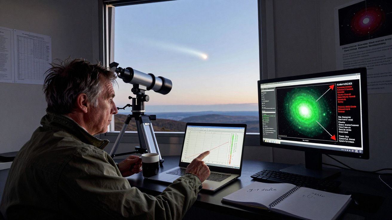 Astrônomo analisa dados de um cometa no computador, com telescópio e paisagem ao fundo, segurando uma xícara de café.