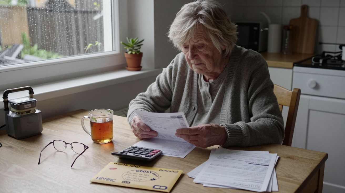 Idosa sentada à mesa analisando contas, com óculos, calculadora e xícara de chá ao lado.