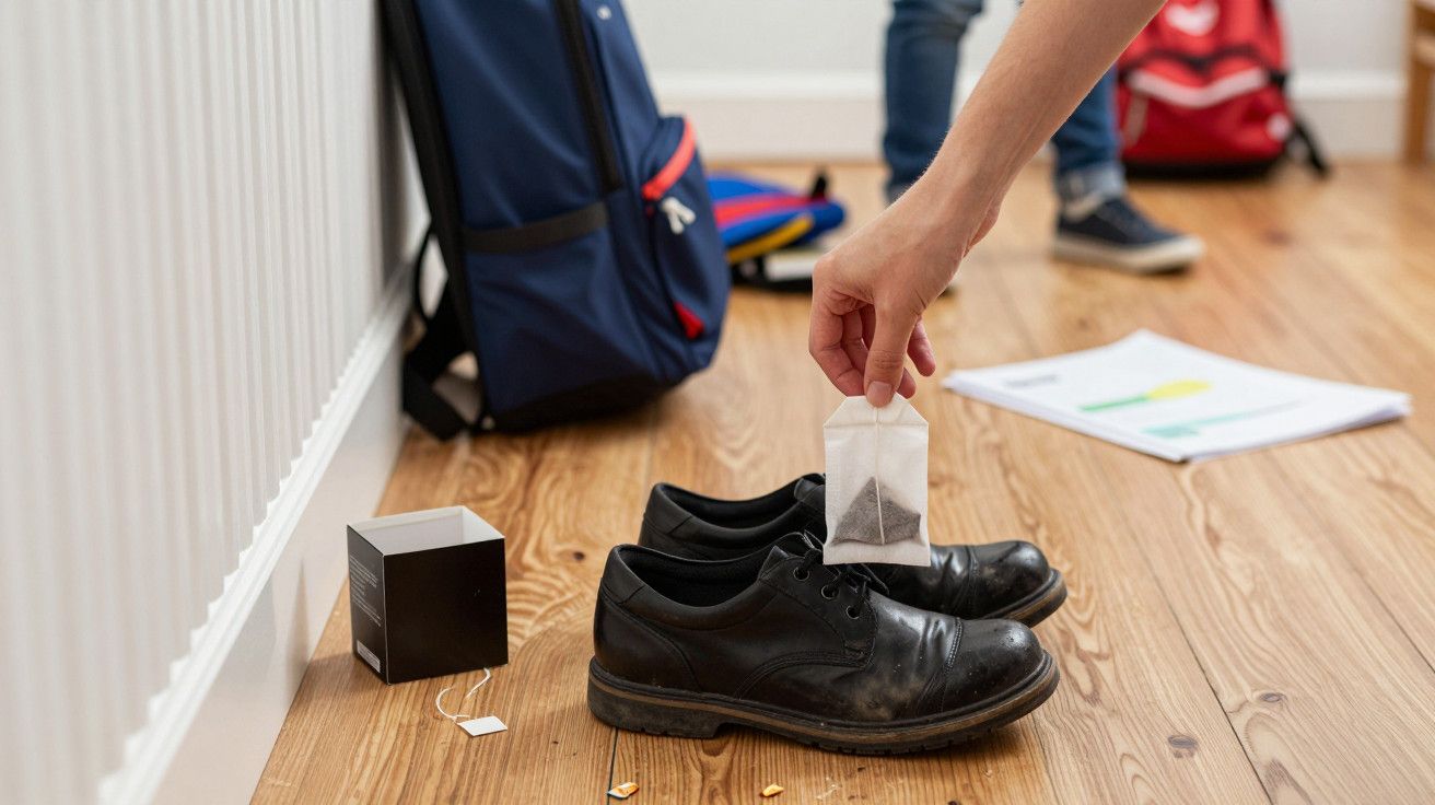 Pessoa colocando saquinho de chá em sapato preto. Mochila, papéis e caixa no chão de madeira ao fundo.