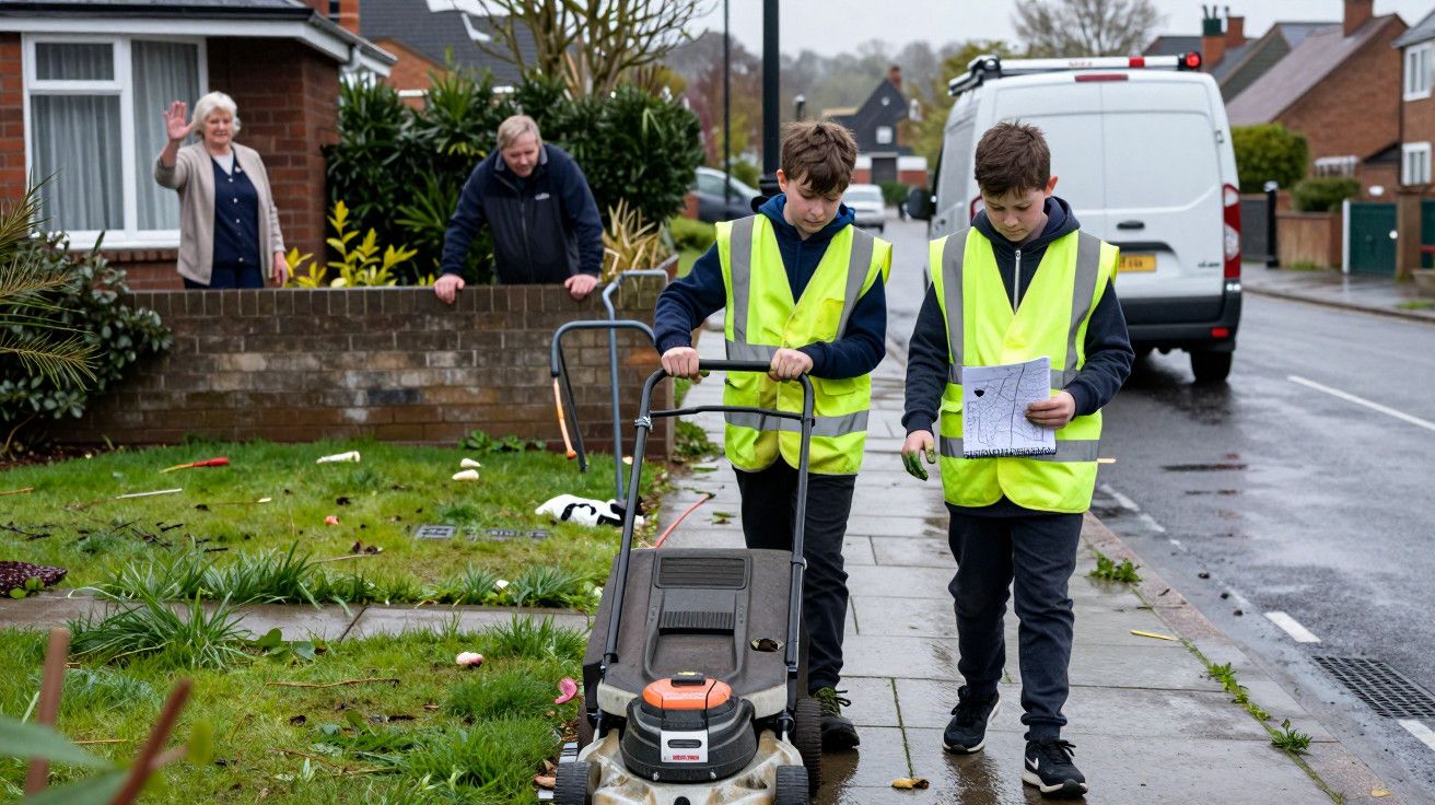 Dois jovens com coletes refletores cortando grama com cortador, enquanto um casal idoso observa e acena.