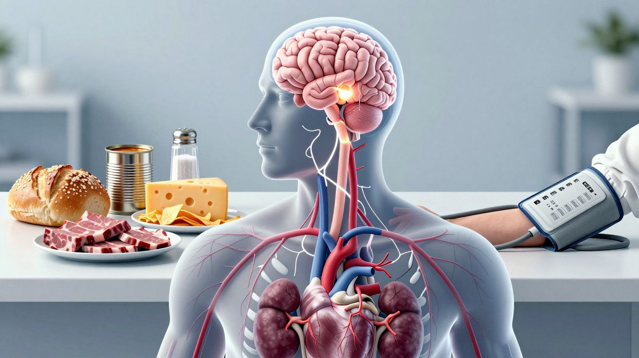 Ilustração do corpo humano com órgãos visíveis e alimentos em destaque, além de uma medição de pressão arterial ao fundo.