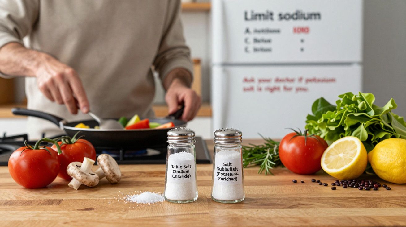 Pessoa cozinhando vegetais em uma panela com tomates, limão e sal em potes no primeiro plano.