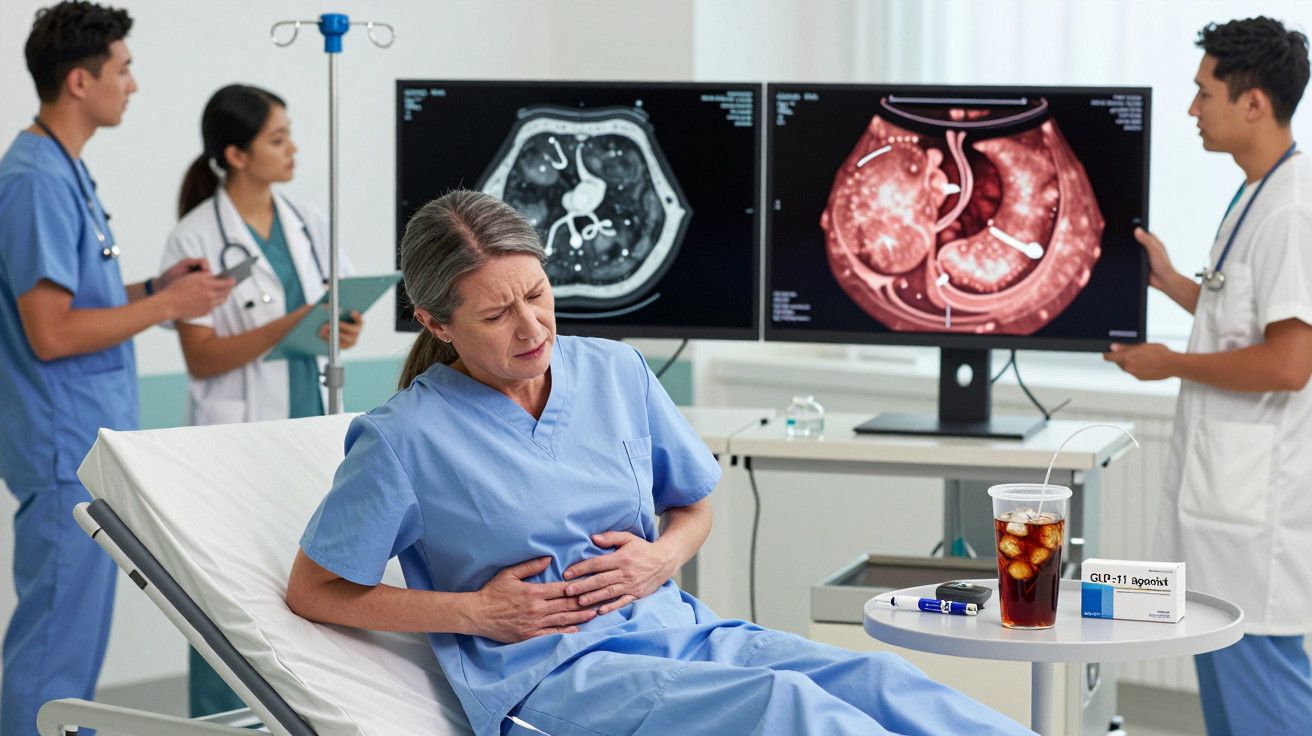 Mulher com dor abdominal em leito hospitalar, dois médicos analisando exames em monitores ao fundo.