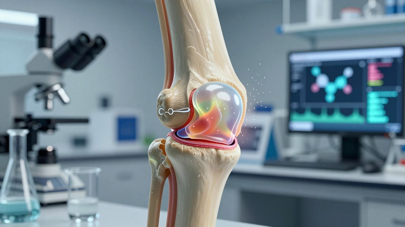 Ilustração de uma articulação de joelho com efeitos coloridos em laboratório, microscópio e tela ao fundo.