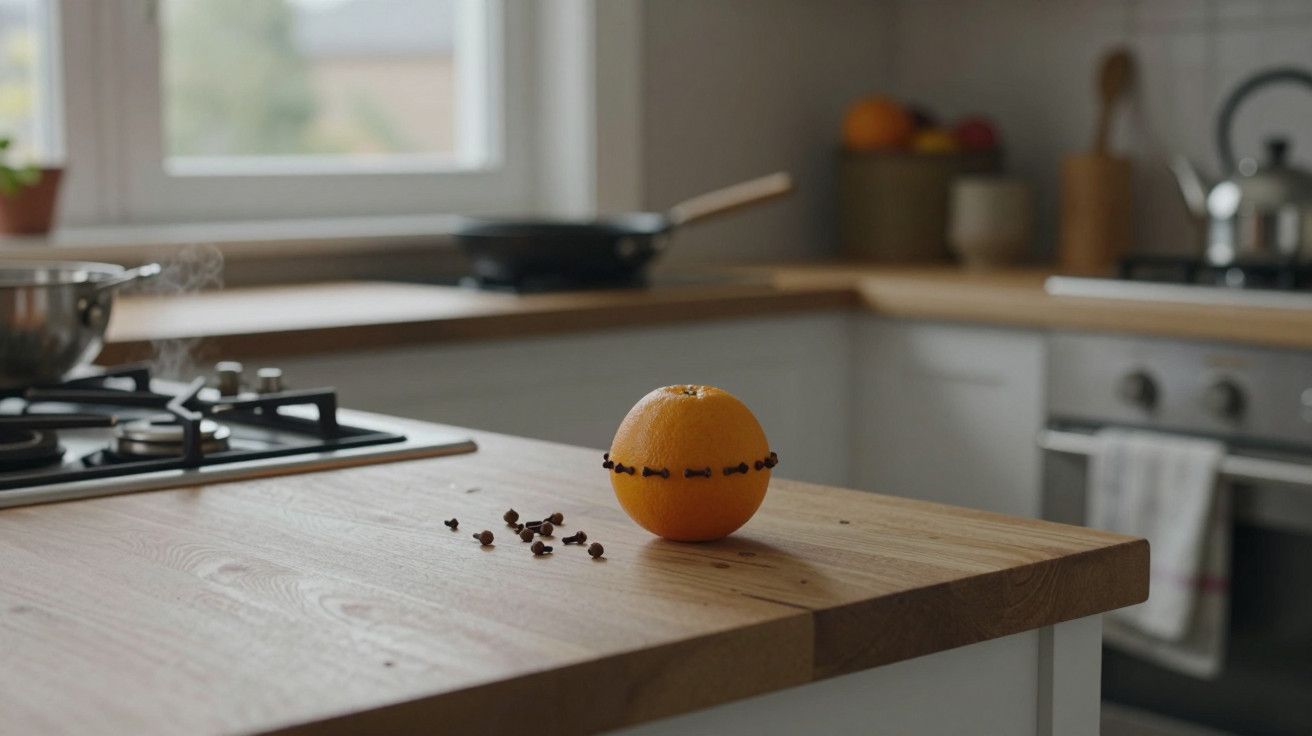 Laranja com cravos em balcão de cozinha, fogão ao fundo com panela e chaleira à direita.