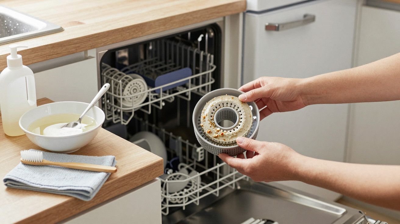 Pessoa limpando filtro de máquina de lavar louça, com bancada ao lado e utensílios próximos.