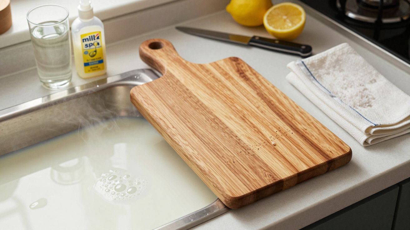 Tábua de cortar de madeira ao lado da pia com água e sabão, toalha, faca, limão e detergente.