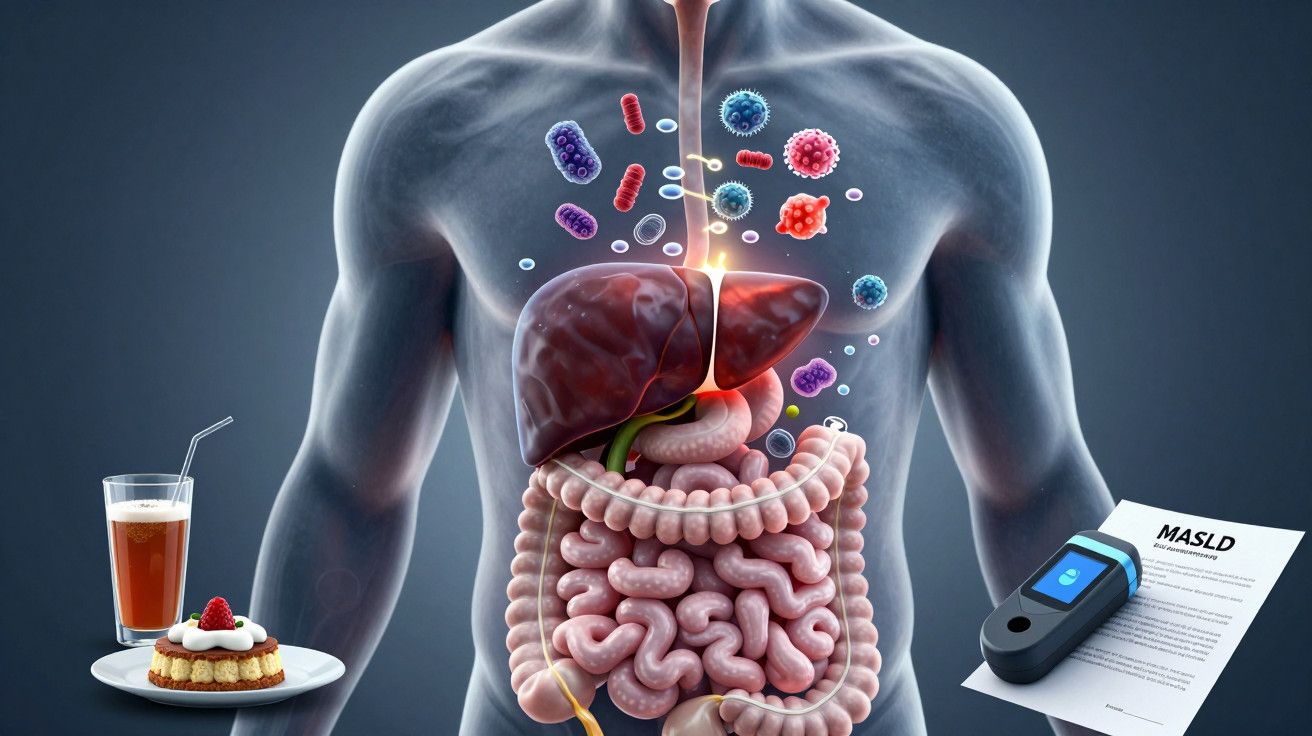 Ilustração do sistema digestivo humano com fígado, bactérias, sobremesa, bebida e aparelho de medição.