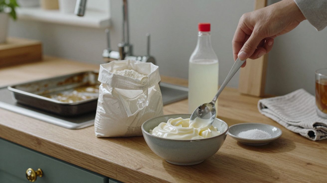 Mão segurando colher em tigela com creme em cozinha; farinha, garrafa e prato ao fundo.