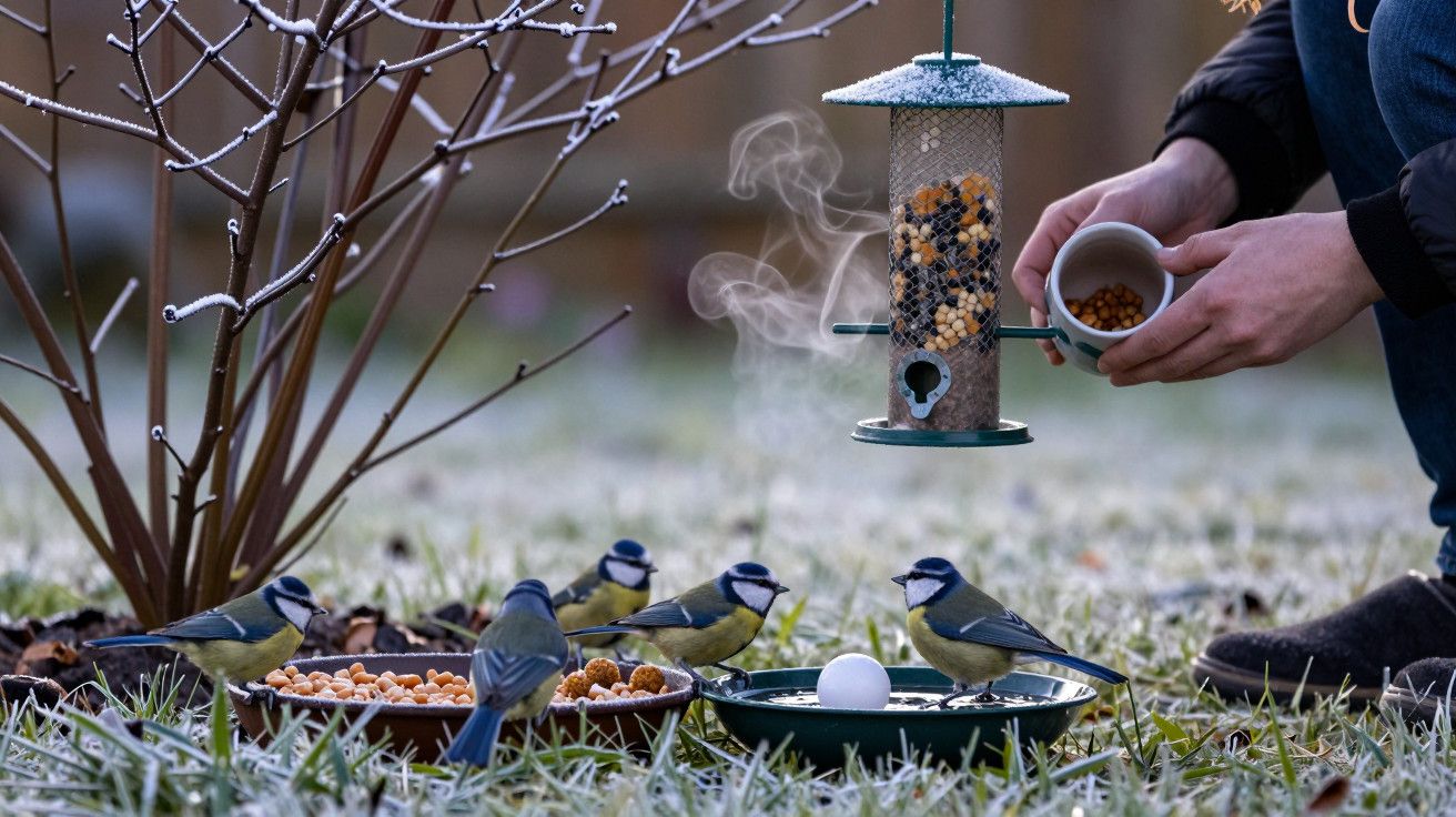 Pessoa alimentando pássaros em um jardim com comedouros e tigelas de sementes. Grama coberta de gelo ao fundo.