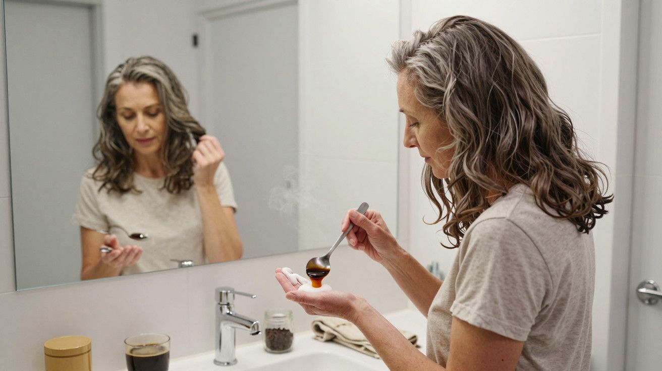 Mulher olhando no espelho enquanto seguro uma colher de xarope na mão, em um banheiro branco.