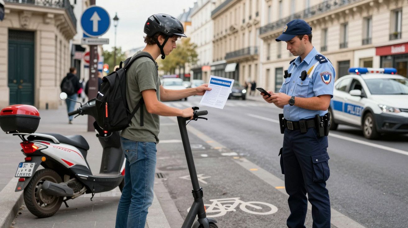 Policial aborda jovem em patinete elétrico na calçada. A jovem segura um papel enquanto o policial verifica informações.