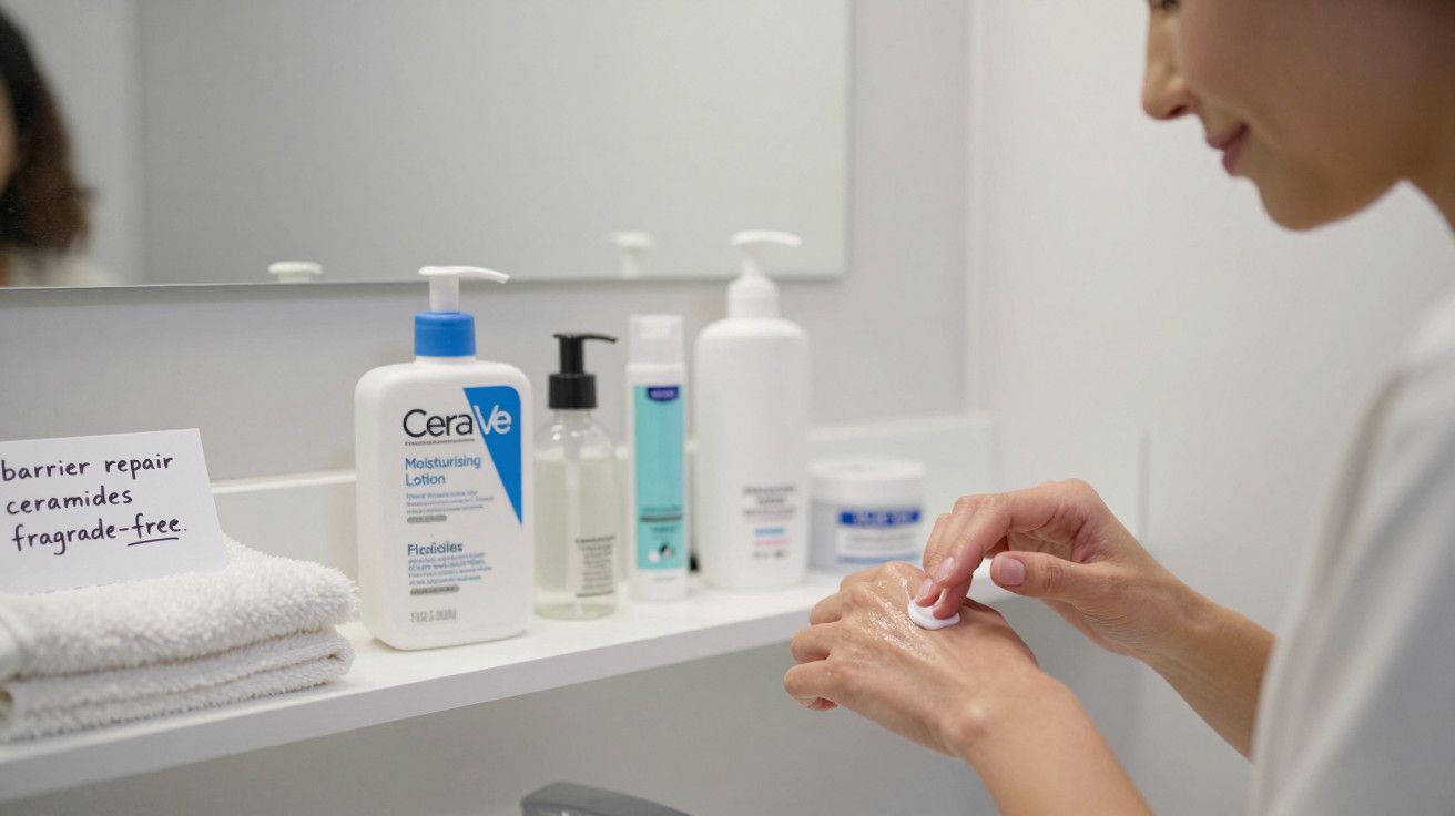 Mulher aplicando loção nas mãos em banheiro, com produtos de cuidados na prateleira.