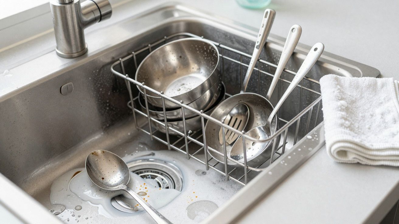 Pia de cozinha com utensílios de aço inoxidável ensaboados em escorredor, ao lado de pano de prato branco.