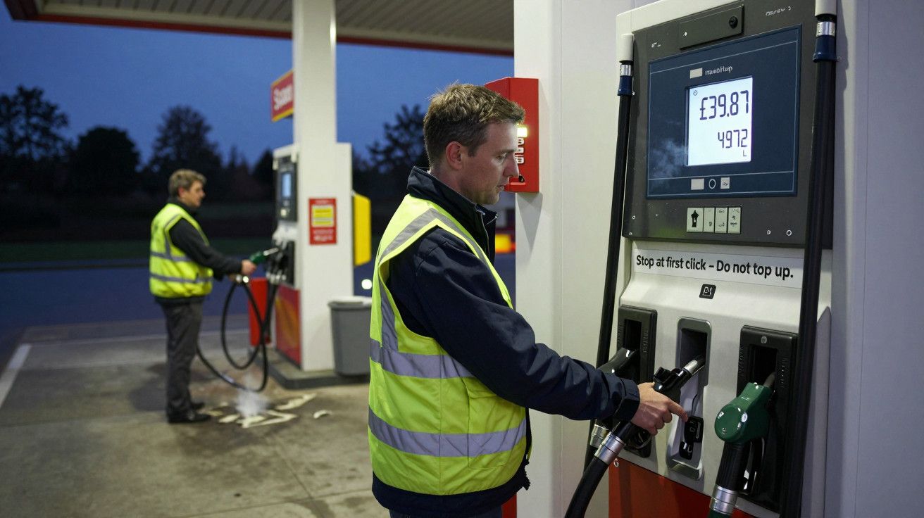 Dois homens abastecem carros em um posto de gasolina à noite, ambos usando coletes de segurança amarelos.