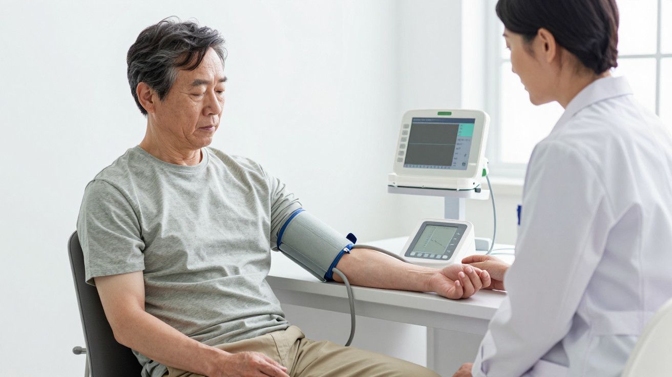 Homem sentado mede a pressão arterial com ajuda de um profissional de saúde em ambiente clínico.