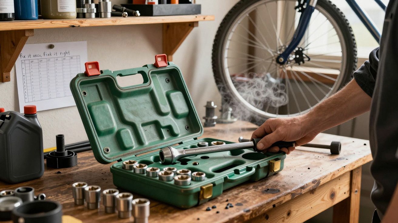 Pessoa manuseia kit de ferramentas em oficina com bicicleta ao fundo. Caixa verde aberta sobre a mesa de madeira.