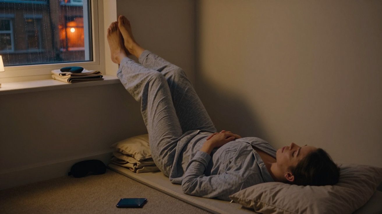 Mulher de pijama cinza deitada de costas em colchão no chão, pés apoiados na parede, ao lado de uma janela.