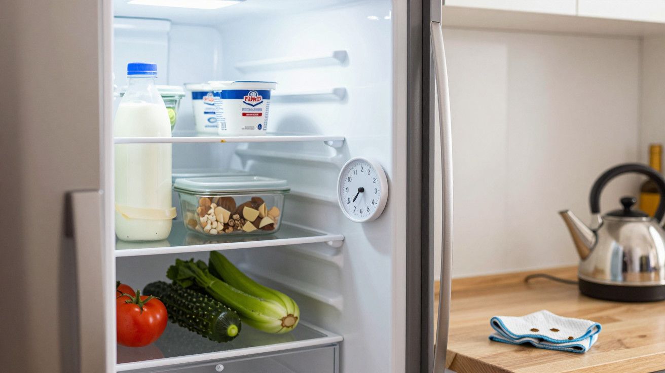 Geladeira aberta com leite, iogurte, vegetais e um recipiente de alimentos. Chaleira sobre bancada ao fundo.