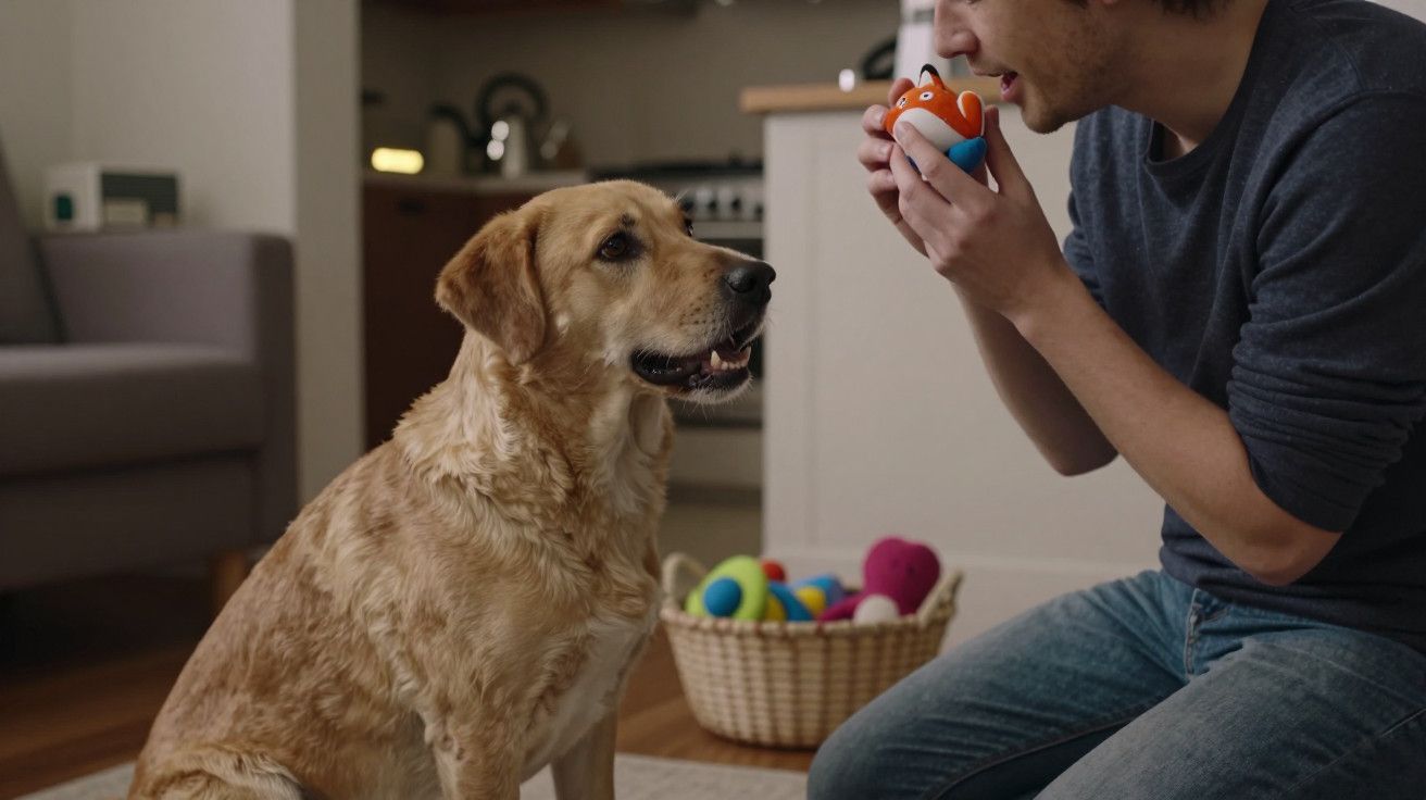 Homem brinca com cachorro dourado dentro de casa, segurando brinquedo enquanto o animal observa atentamente.