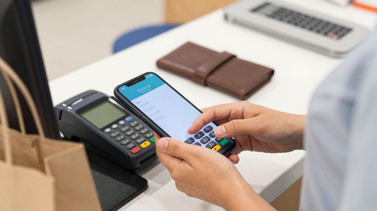 Pessoa usando um celular para realizar pagamento ao lado de uma máquina de cartão em um balcão.