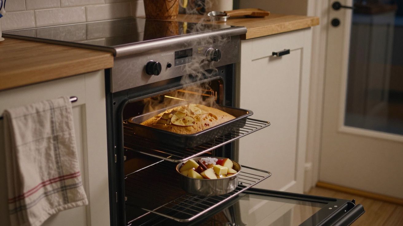 Forno aberto com bandeja de batatas assando e outra abaixo com pedaços de maçã, em uma cozinha moderna.