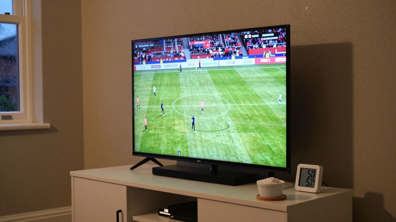 TV em sala, exibindo jogo de futebol, em cima de estante branca com relógio digital e cesta ao lado.