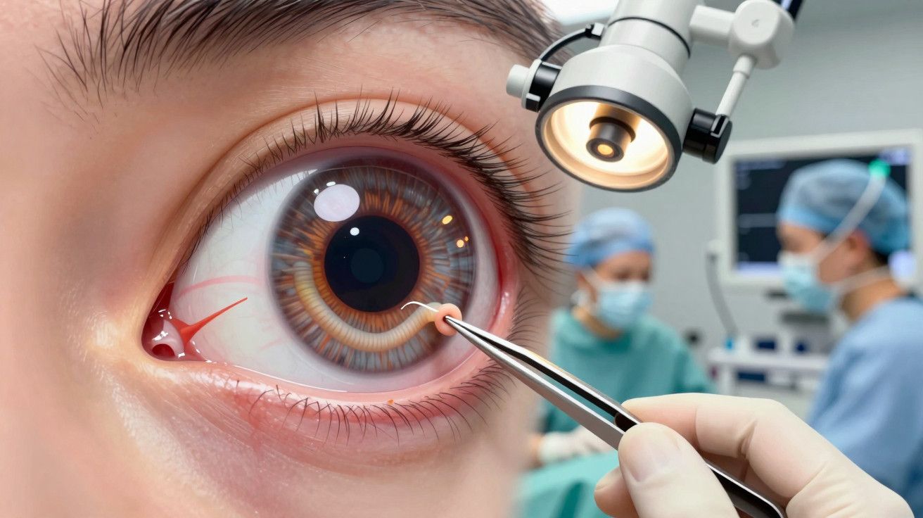 Olho sendo operado com pinça sob microscópio; equipe médica desfocada ao fundo em uma sala cirúrgica.