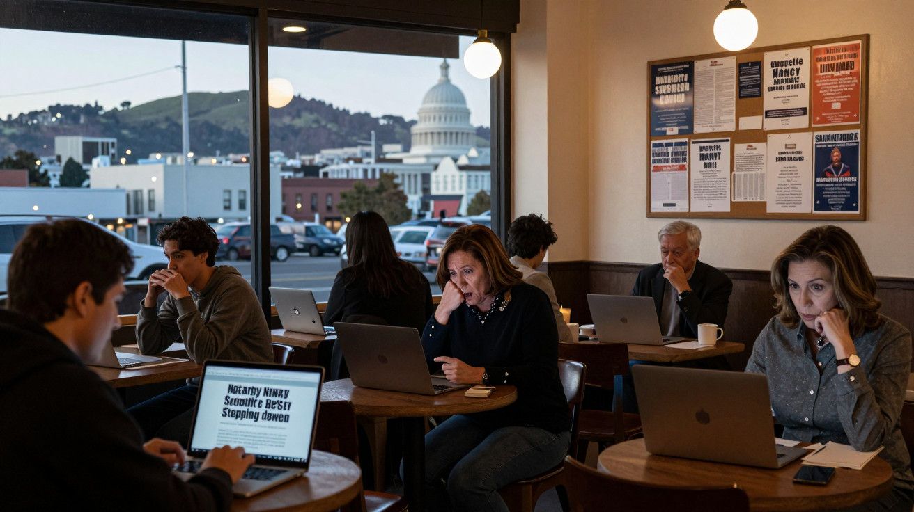 Clientes em café com laptops abertos, Capitol Hill visível ao fundo pela janela.