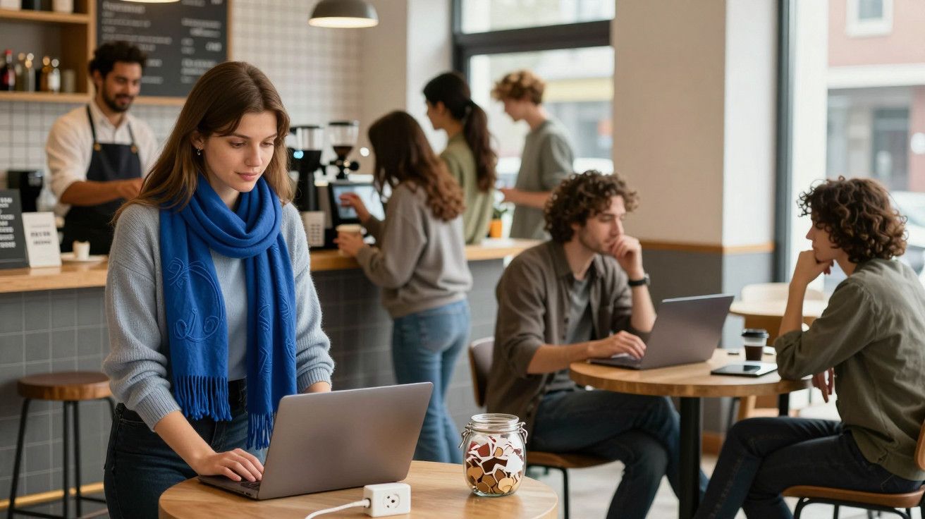 Mulher trabalhando em laptop em café movimentado, pessoas ao fundo conversando e usando computadores.
