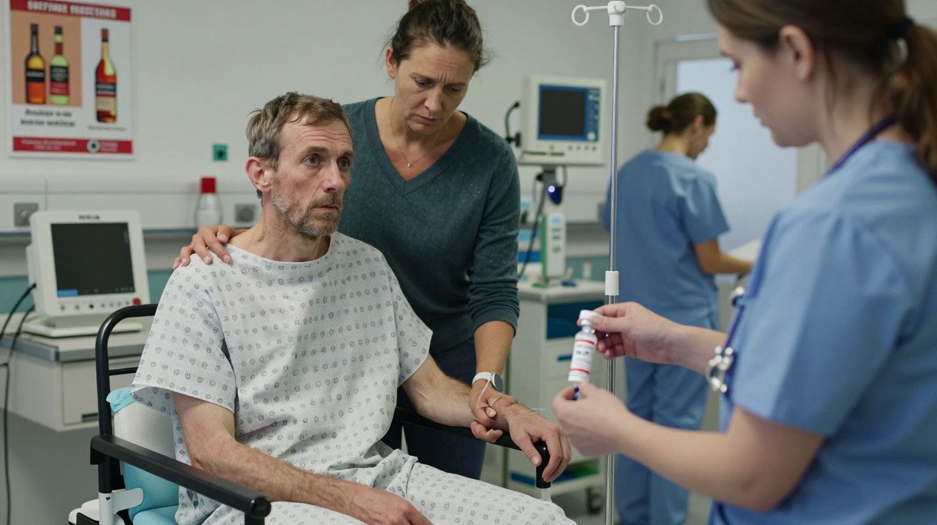 Homem em cadeira de rodas com avental hospitalar, acompanhado por mulher, recebe cuidados de enfermeira em hospital.