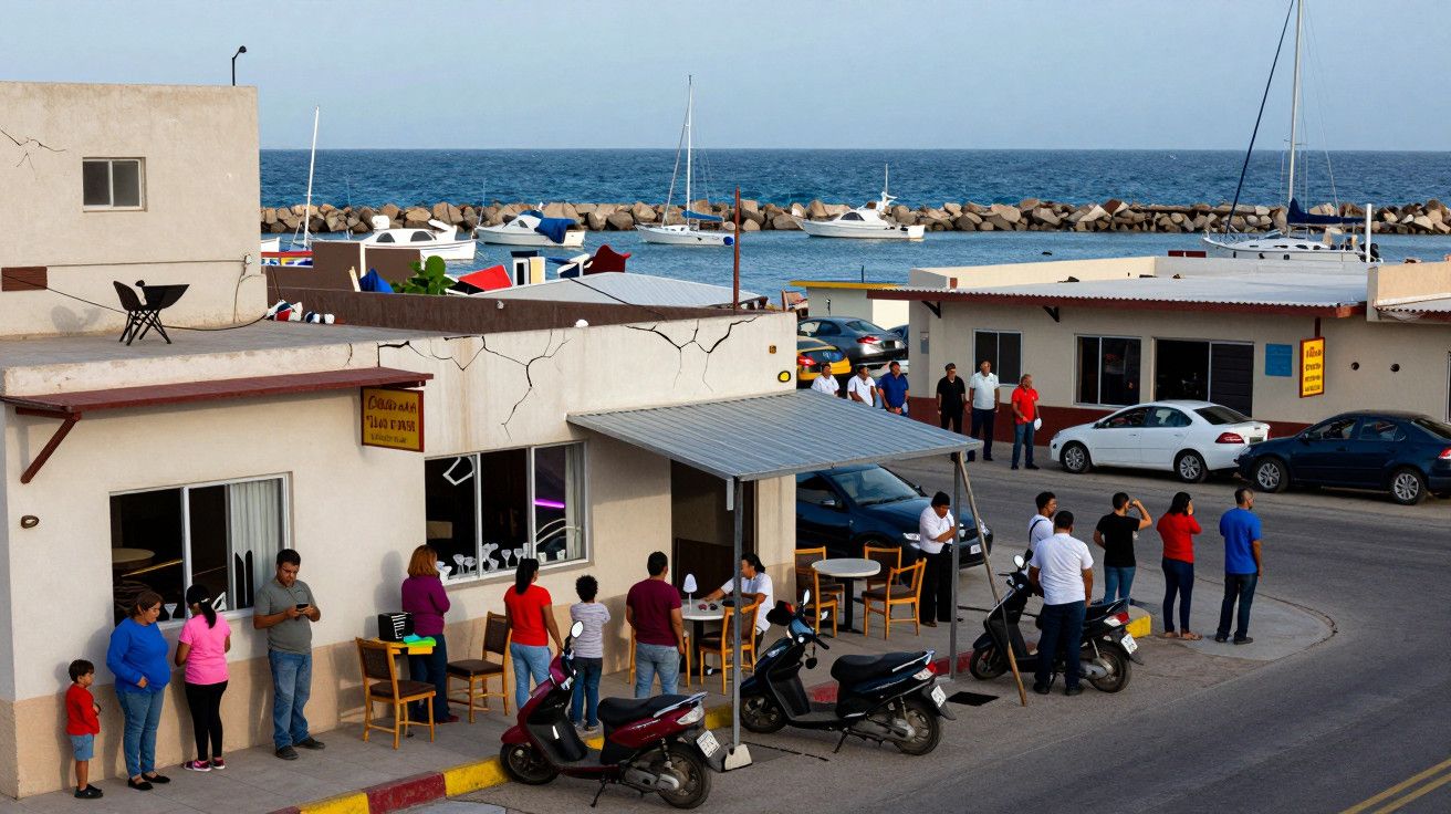 Pessoas em fila em frente a um restaurante, com scooters estacionadas e barcos ao fundo em um porto à beira-mar.