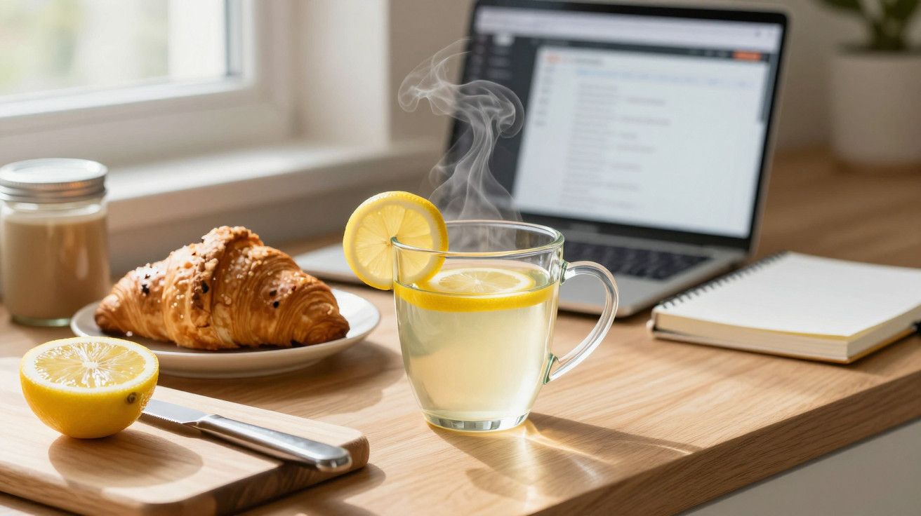 Chá com limão em uma mesa de madeira, acompanhado de croissant, notebook, caderno e caneta ao fundo.