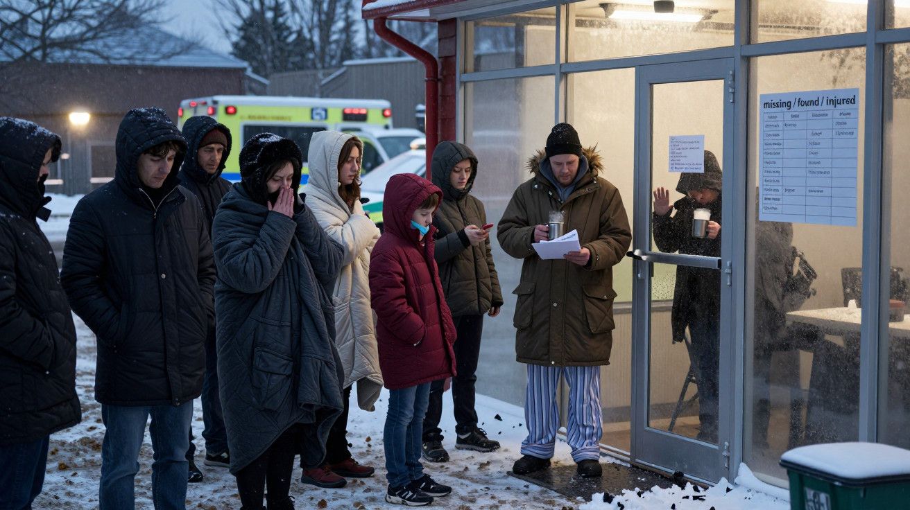 Pessoas reunidas em frente a um abrigo de vidro com neve no chão e tabela de desaparecidos ao lado direito.