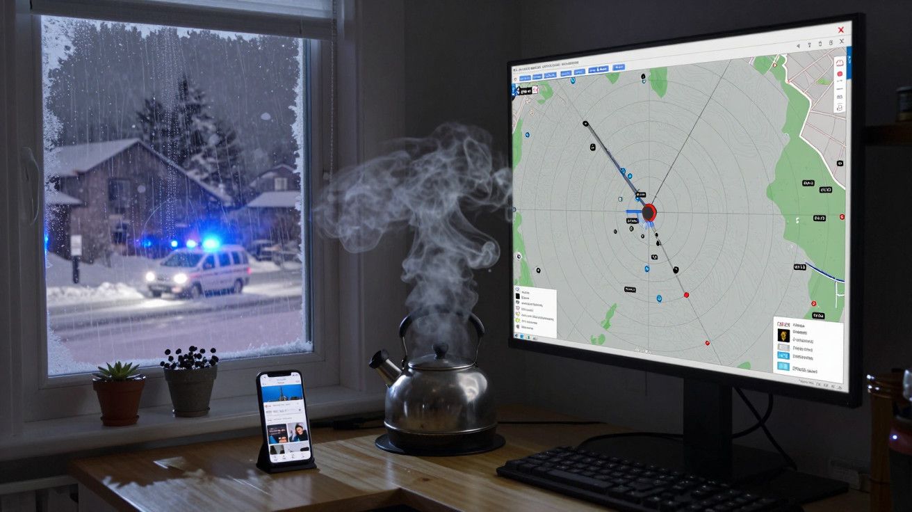 Cena de inverno: chaleira fumegante, tela de computador com mapa, viatura policial com luzes acesas vista pela janela.